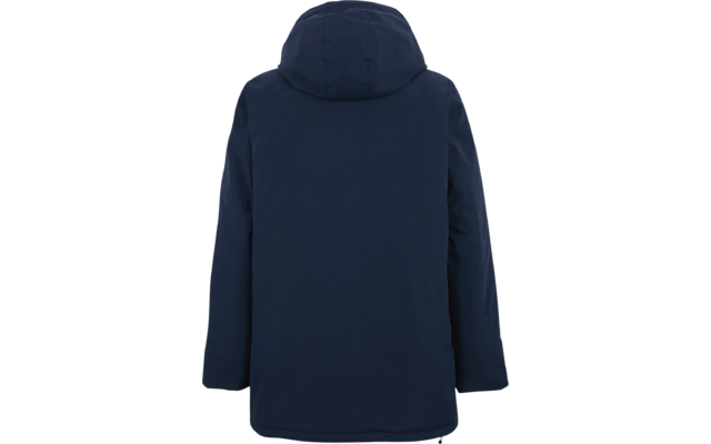 Dunkelblaue Winterjacke mit Kapuze von hinten