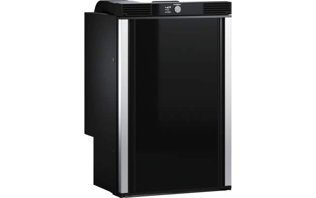 Klein zwart apparaat met glanzende zwarte voorkant, twee zilveren verticale stroken aan de zijkanten en een bedieningspaneel bovenaan