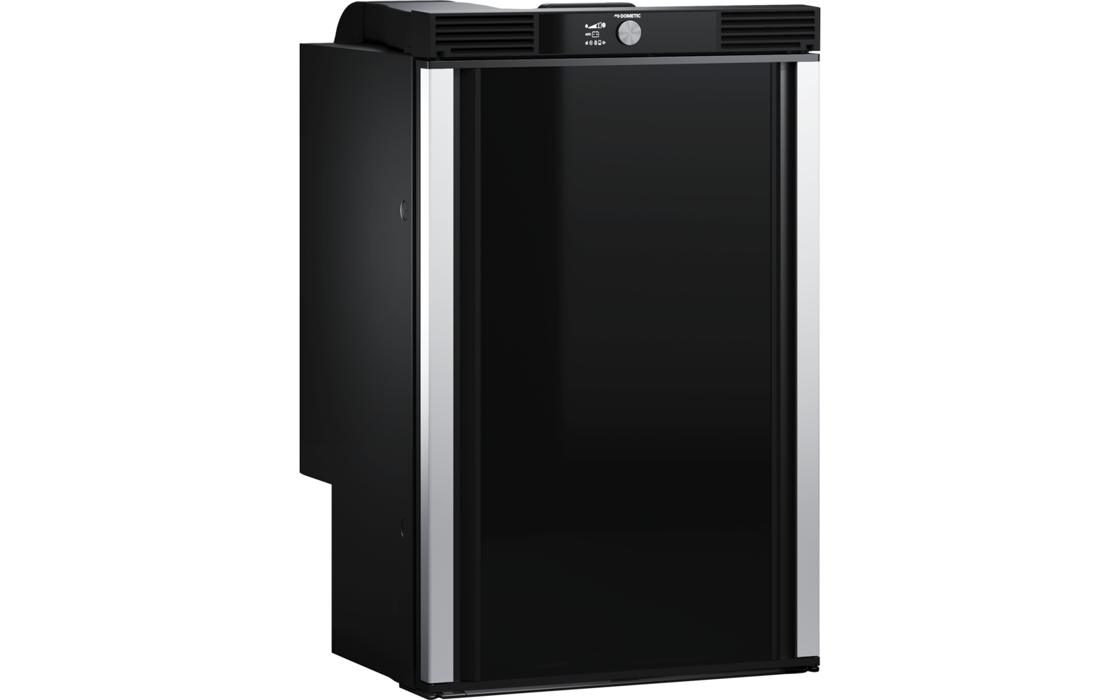 Klein zwart apparaat met glanzende zwarte voorkant, twee zilveren verticale stroken aan de zijkanten en een bedieningspaneel bovenaan