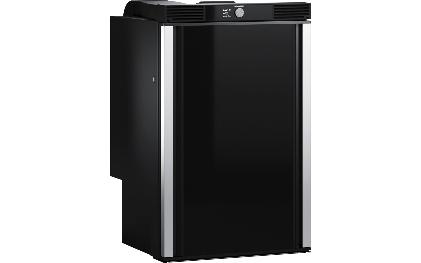 Kleine zwarte koelkast met glad, glanzend deurvlak, twee zilveren verticale stroken aan de zijkanten en een bedieningsknop bovenaan voor