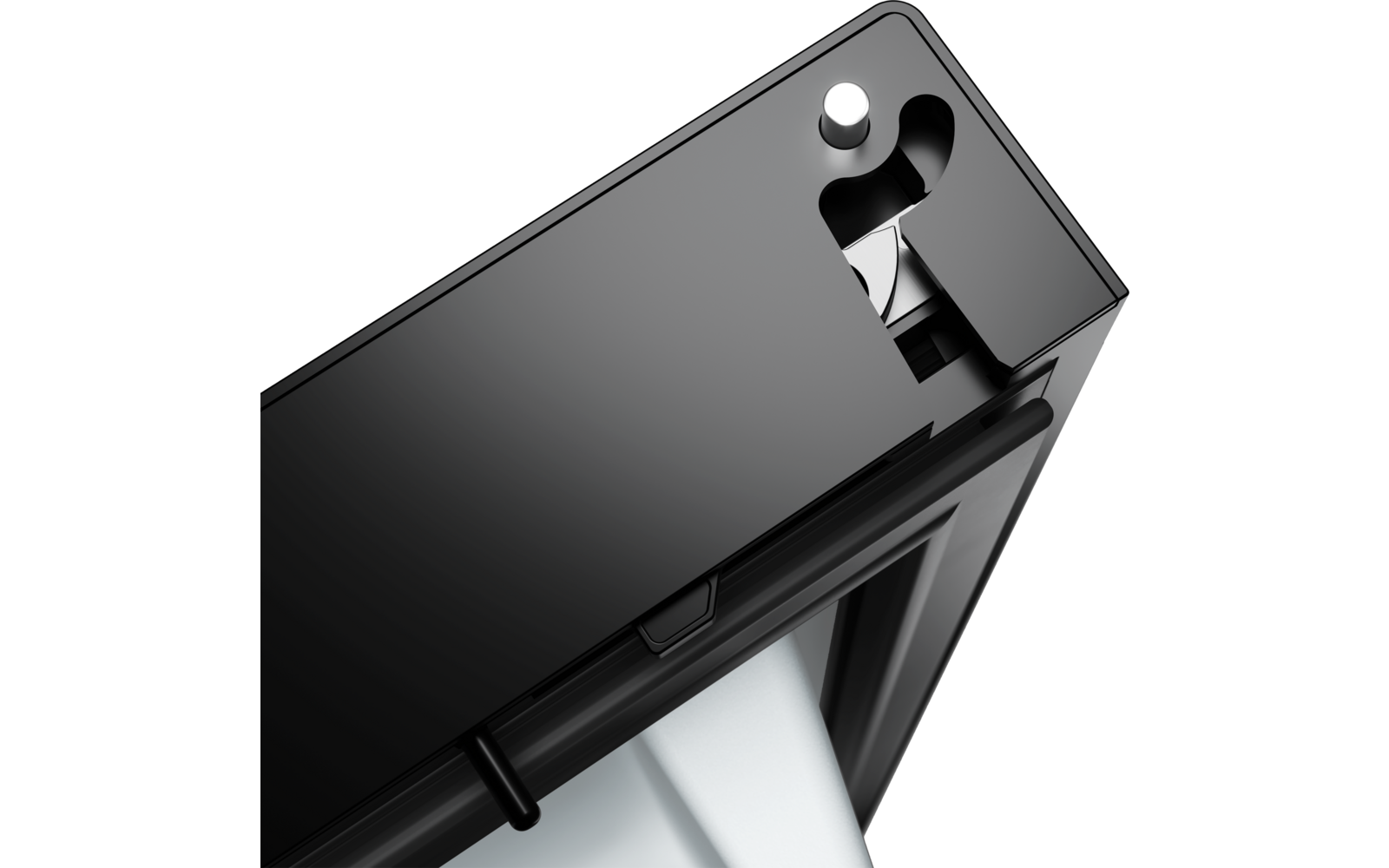 Nahaufnahme einer schwarzen rechteckigen Rahmenkante mit einem weißen zylindrischen Stift, einer gebogenen Aussparung und einer weißen Innenfläche