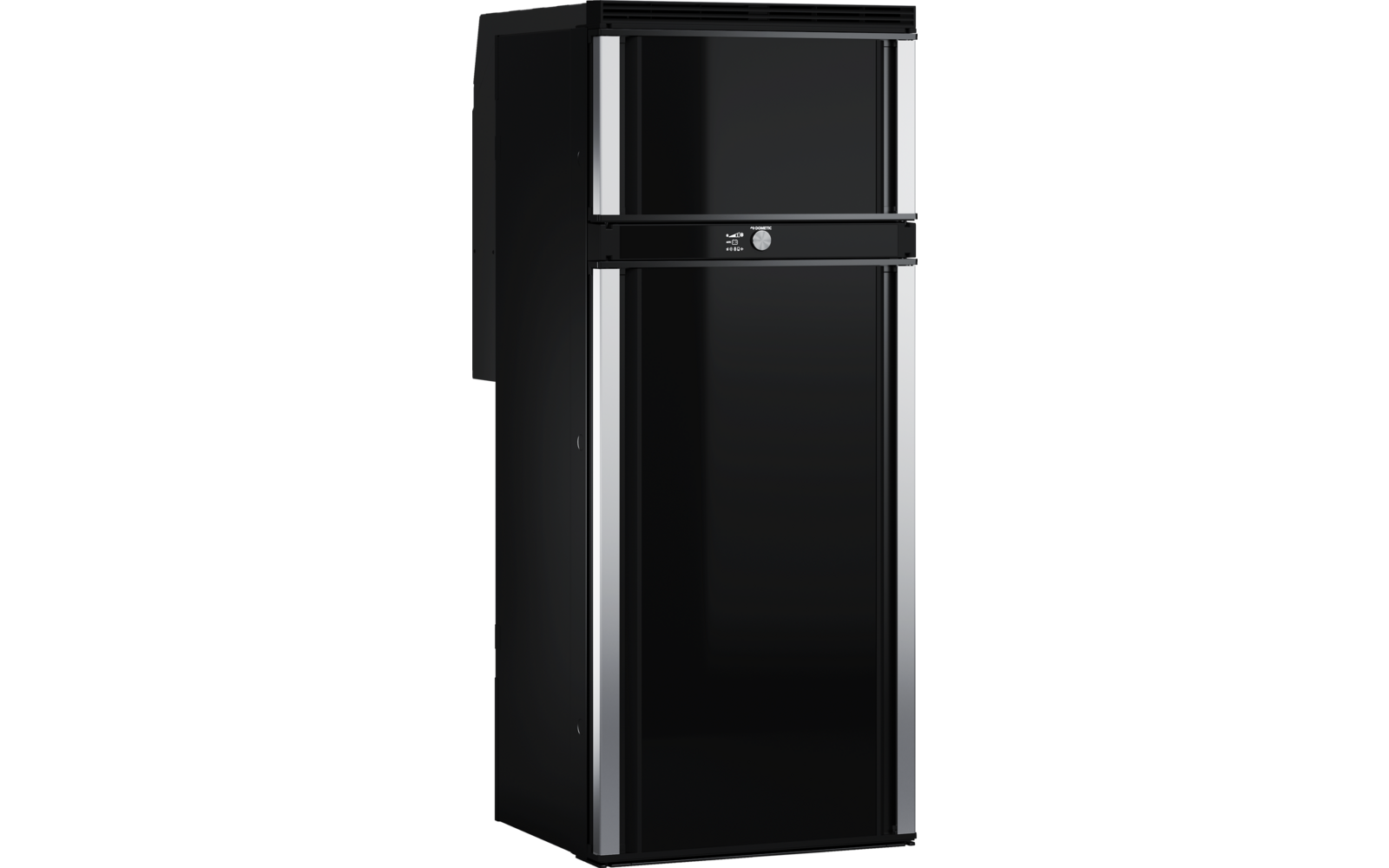 Schwarzer glänzender Kühlschrank mit zwei Türen, sichtbare horizontale Trennlinie zwischen den Türen, zwei vertikale silberne Griffe am linken Türrand, rundes silbernes Element in der Mitte der Trennlinie