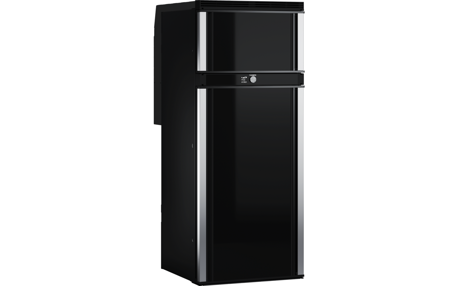 Schwarzer glänzender zweitüriger Kühlschrank mit kleiner oberer und großer unterer Tür, silbernen vertikalen Griffen und rundem Knopf zwischen den Türen