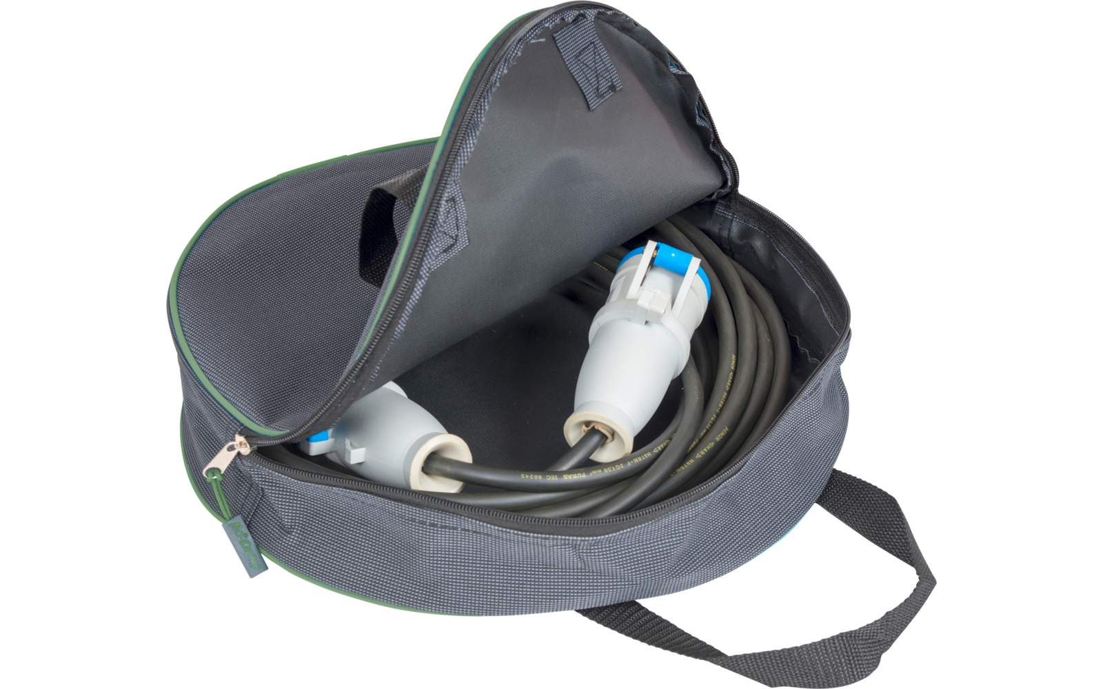 Trousse grise zippée ouverte contenant un câble noir enroulé et deux fiches blanches avec des détails bleus