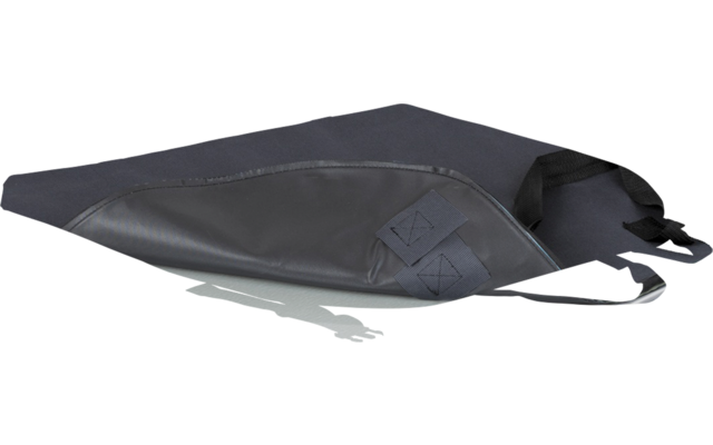 Dunkelgraue flache Tasche mit geöffnetem Reißverschluss, sichtbarem Innenfach und verstellbarem Schulterriemen auf weißem Hintergrund