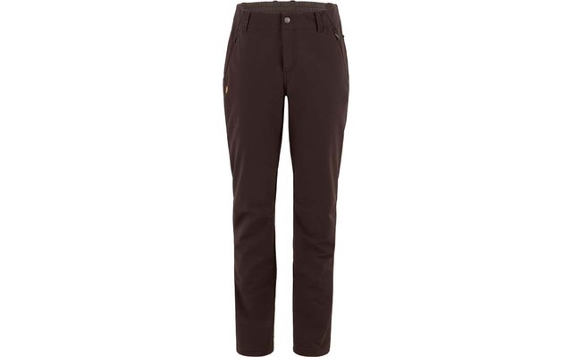 Vorderansicht einer dunkelbraunen Hose mit Knopf- und Reißverschluss, Gürtelschlaufen, zwei schrägen Vordertaschen und kleinem gelbem Etikett an der Seitennaht