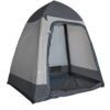 Gray tent with open entrance, visible floor lining, vertical support pole and a small dark pillow inside