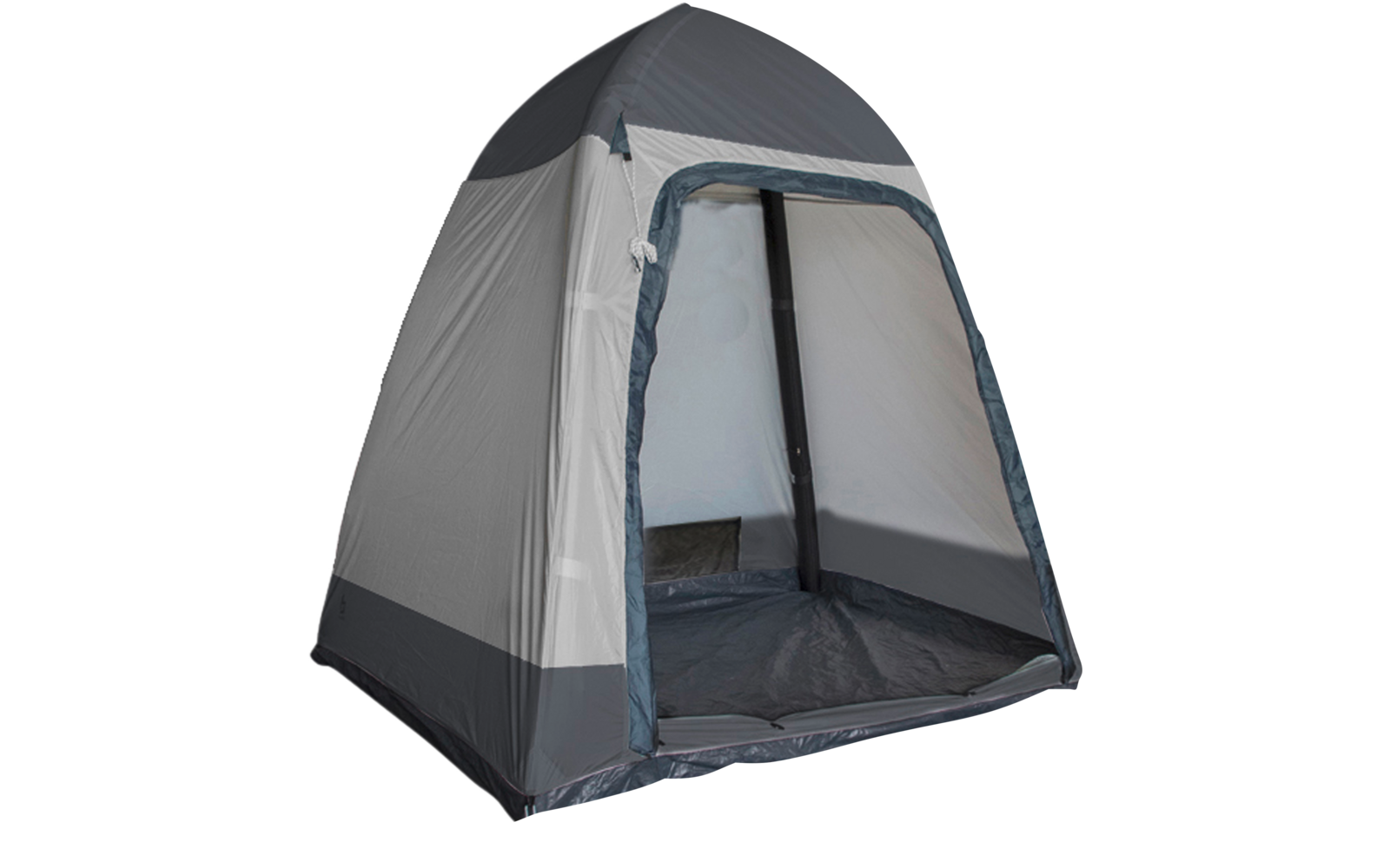 Gray tent with open entrance, visible floor lining, vertical support pole and a small dark pillow inside