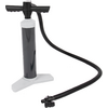 Black and gray hand pump with T-shaped handle, cylindrical body, gray base, and flexible black hose with connector