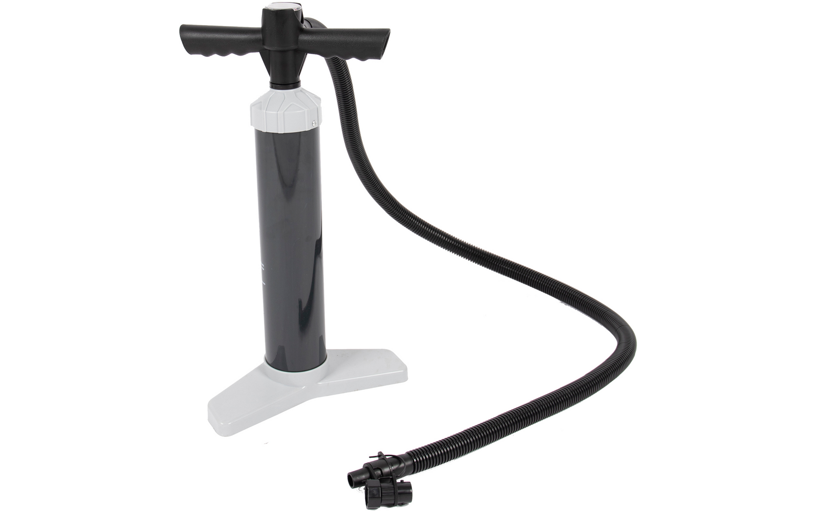 Black and gray hand pump with T-shaped handle, cylindrical body, gray base, and flexible black hose with connector