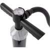 Black pump with T-shaped handle, round pressure gauge, flexible black hose and gray cover at the connector