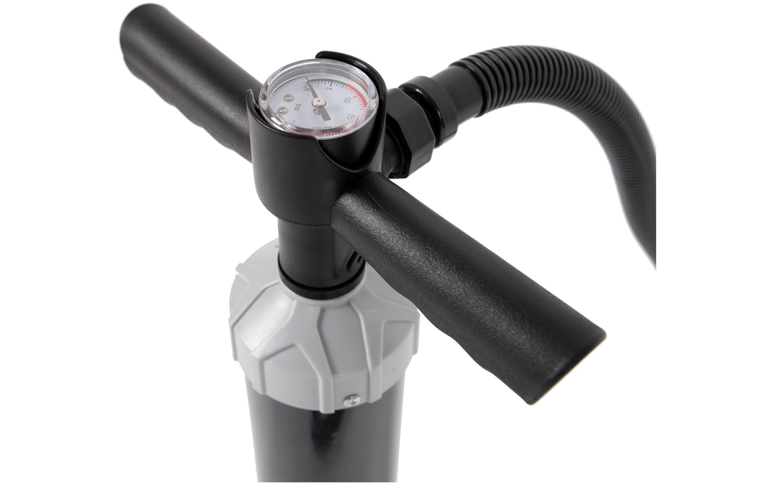 Black pump with T-shaped handle, round pressure gauge, flexible black hose and gray cover at the connector