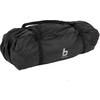 Black rolled-up nylon duffel bag with black carrying straps and white 'b' logo on white background