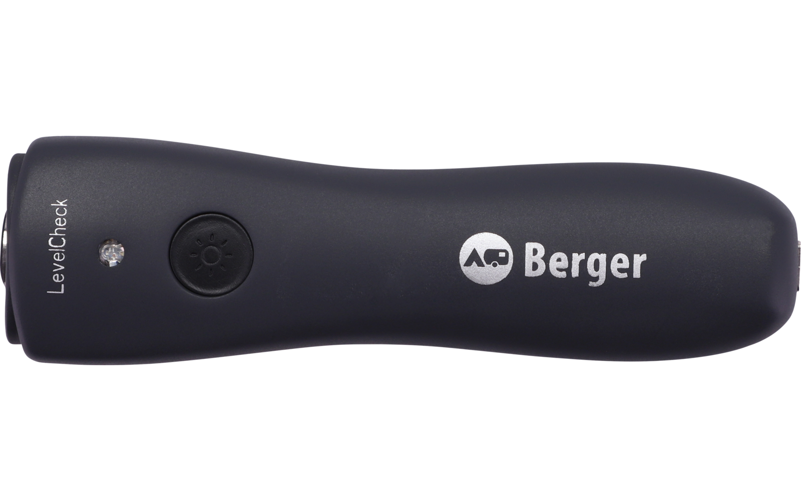 Schwarzes, längliches Gerät mit abgerundeten Kanten, runder Taste, kleiner LED sowie weißem 'Berger'-Logo und Schriftzug 'LevelCheck'