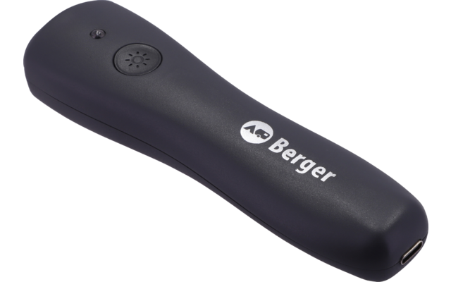 Black elongated device with rounded edges, two circular buttons near the top, and white text "Berger" on the front