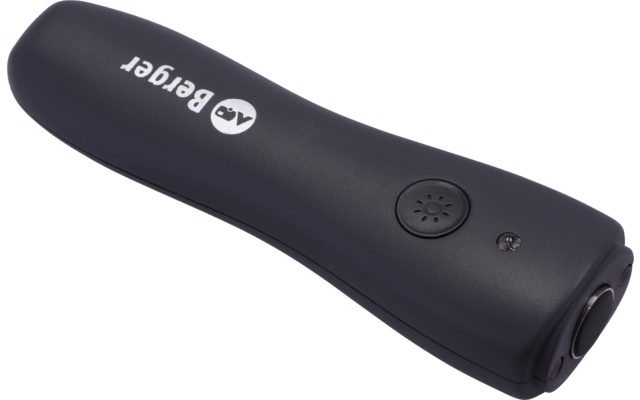 Black elongated handheld device with white text "AV Berger", a round button, a small LED and an opening at one end