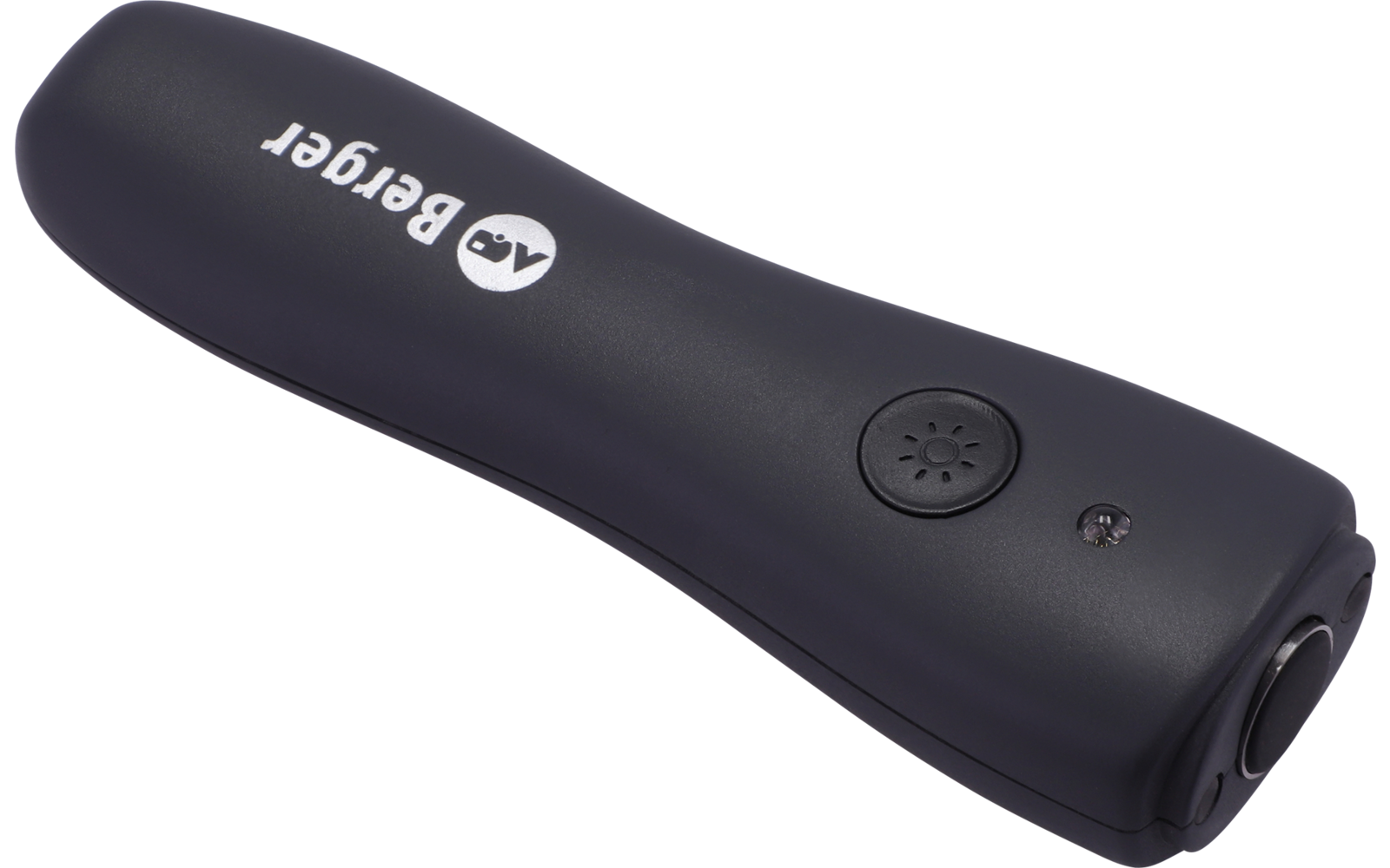 Black elongated handheld device with white text "AV Berger", a round button, a small LED and an opening at one end