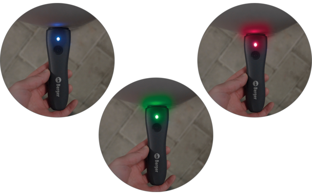 Three circular photos showing a hand holding a dark handheld device with an LED at the top: left blue light, right red light, bottom green light; background light floor tiles
