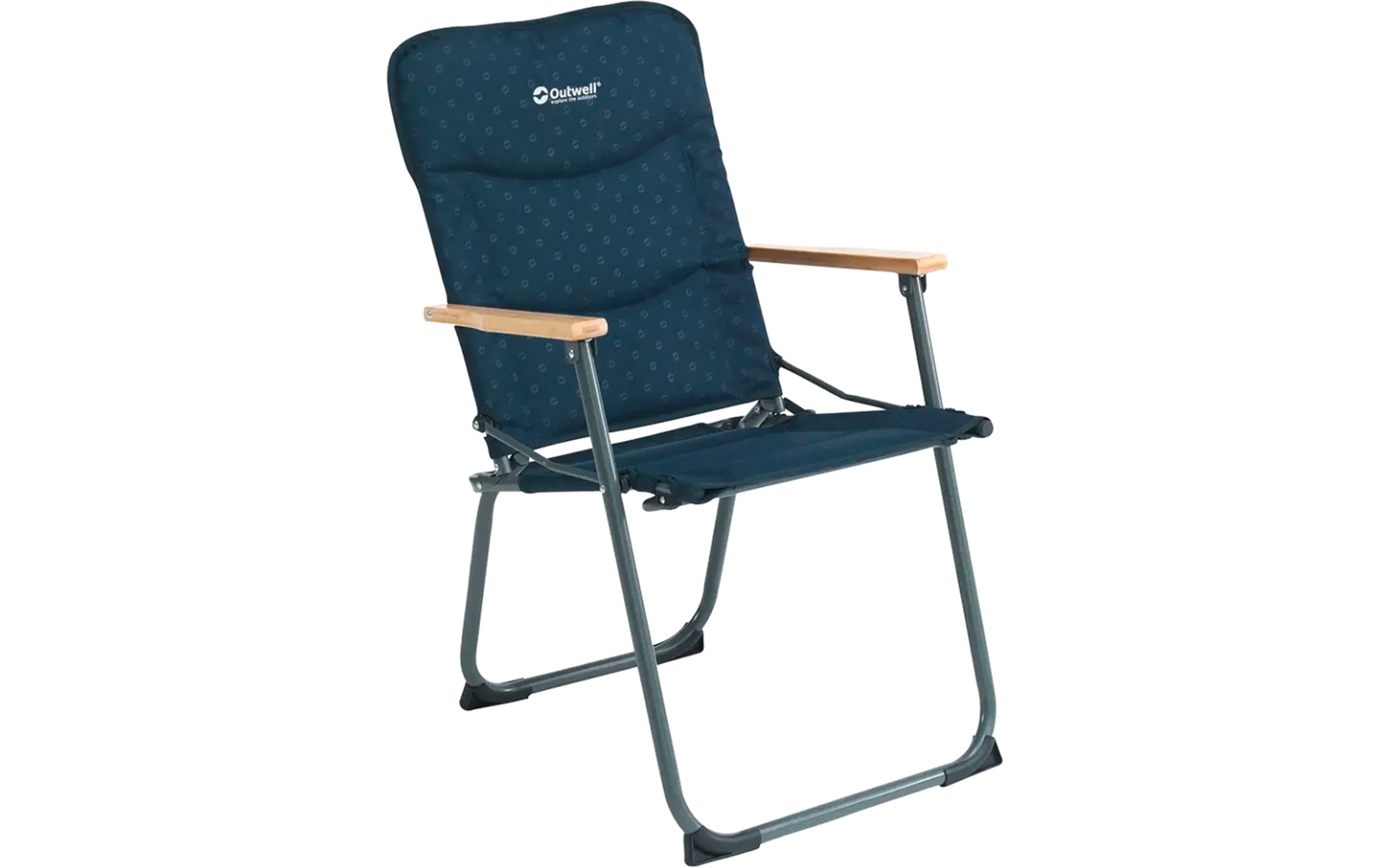 Blauer Campingstuhl mit Metallgestell und Holzarmlehnen