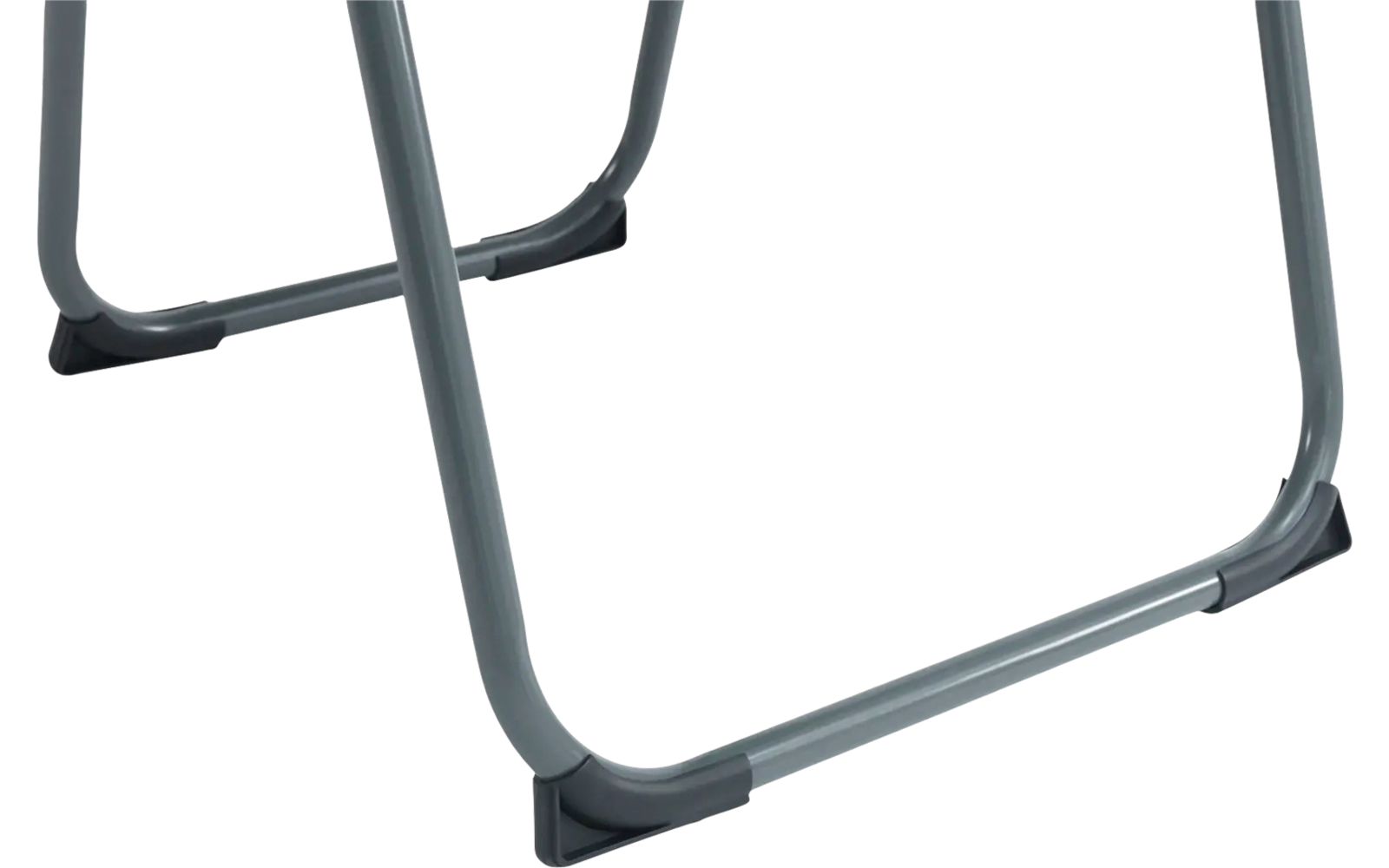 Nahaufnahme des unteren Teils eines grauen Metallgerüsts mit schwarzen Kunststofffüßen