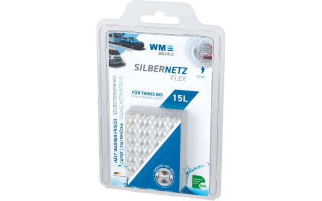 Emballage d'un absorbeur de contenu de réservoir Silbernetz Flex de 15 litres dans une blister plastique avec des morceaux de matériau blanc en forme de réseau visibles