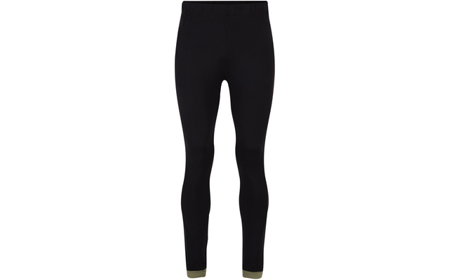 Schwarze enge Leggings mit elastischem Bund und olivgrünen Bündchen an den Knöcheln, Vorderansicht auf weißem Hintergrund