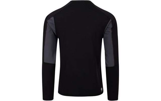 Rückenansicht eines schwarzen Langarmshirts mit grauen Einsätzen an Oberarmen und Ellbogen und kleinem weißen Logo am Saum