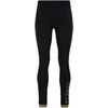 Schwarze, knöchellange Leggings mit elastischem Bund, grüner Aufschrift 'DARE2B' am unteren Bein und olivgrünen Bündchen an den Säumen
