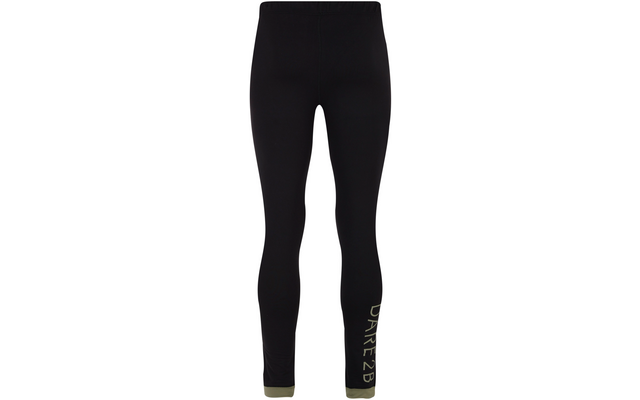 Schwarze, knöchellange Leggings mit elastischem Bund, grüner Aufschrift 'DARE2B' am unteren Bein und olivgrünen Bündchen an den Säumen