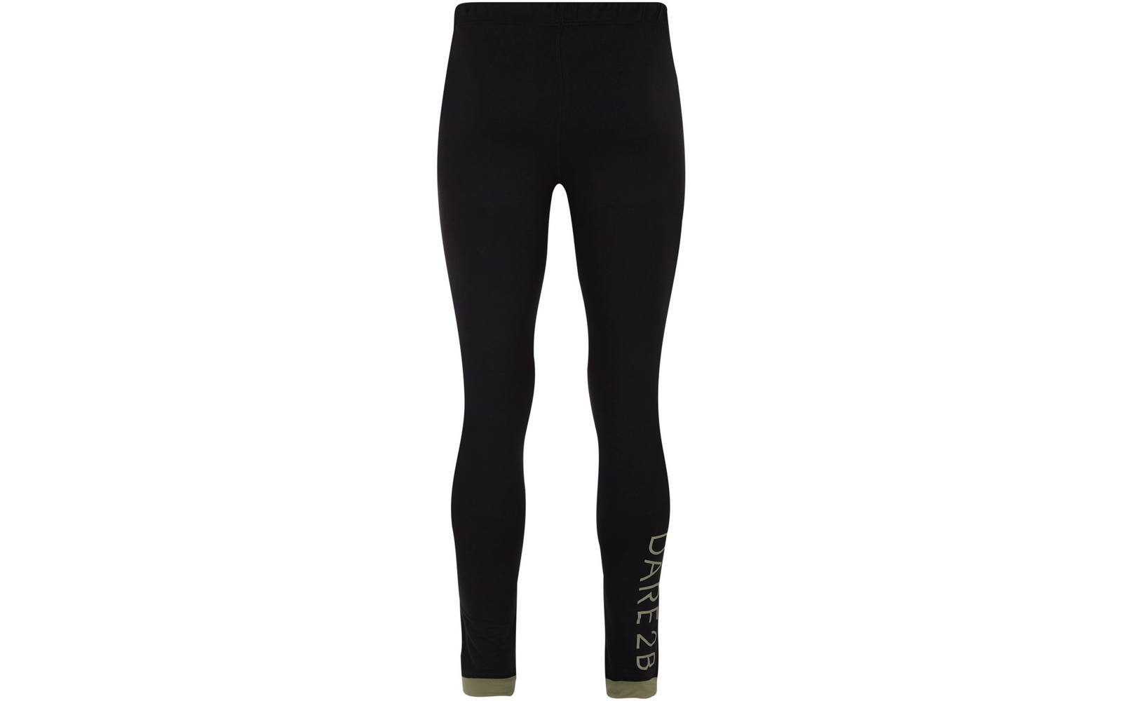Schwarze, knöchellange Leggings mit elastischem Bund, grüner Aufschrift 'DARE2B' am unteren Bein und olivgrünen Bündchen an den Säumen