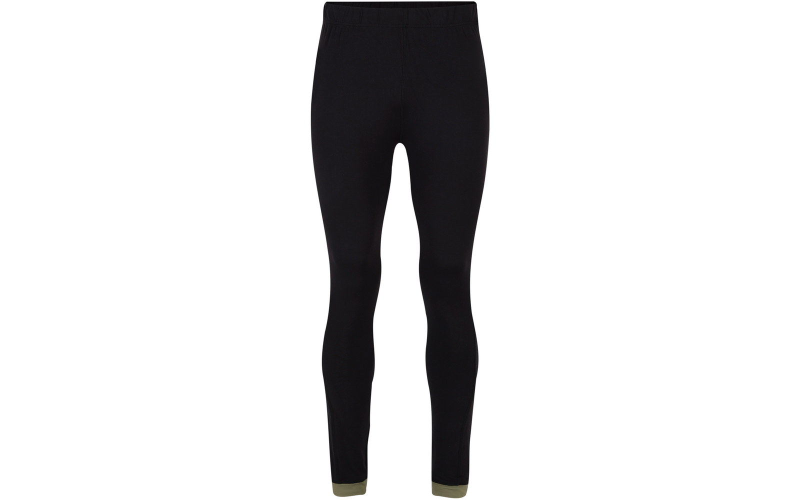 Schwarze enge Leggings mit elastischem Bund und olivgrünen Bündchen an den Knöcheln, Vorderansicht auf weißem Hintergrund