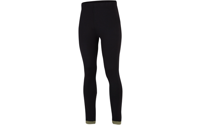 Schwarze, eng anliegende lange Leggings mit elastischem Bund und olivgrünen Bündchen an den Knöcheln auf weißem Hintergrund