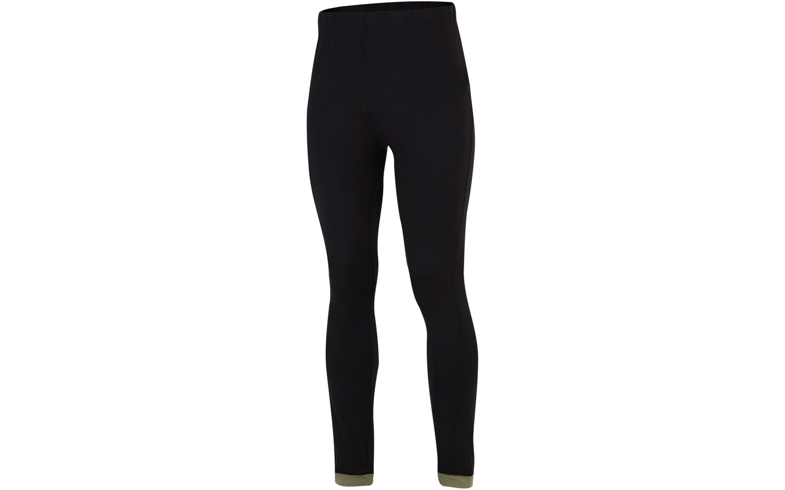 Schwarze, eng anliegende lange Leggings mit elastischem Bund und olivgrünen Bündchen an den Knöcheln auf weißem Hintergrund