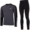 Graues langärmeliges Sportoberteil mit schwarzen Schulter- und Ärmelflächen, weißes Logo auf der Brust und vertikaler weißer Schriftzug „DARE2B“ am linken Ärmel; daneben schwarze, enge lange Leggings mit elastischem Bund und olivgrünen Saumabschlüsse