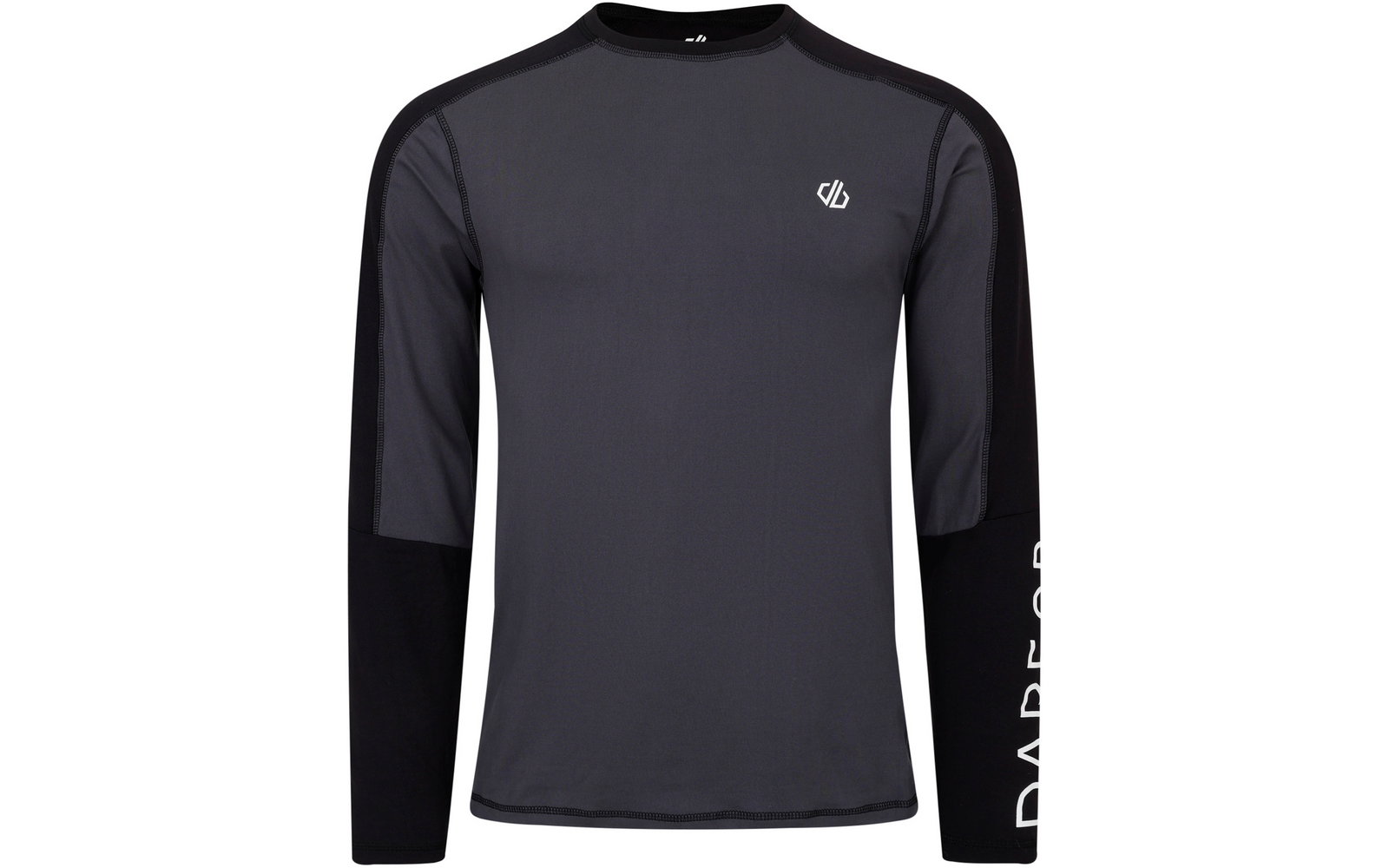 Vorderansicht eines langärmligen Sportshirts in dunkelgrau mit schwarzen Ärmeln und Schulterpartien, rundem Halsausschnitt, kleinem weißen Logo auf der linken Brust und weißem senkrechtem Schriftzug am unteren rechten Ärmel, auf weißem Hintergrund