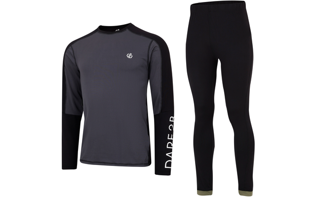 Graues langärmeliges Sportoberteil mit schwarzen Schulter- und Ärmelflächen, weißes Logo auf der Brust und vertikaler weißer Schriftzug „DARE2B“ am linken Ärmel; daneben schwarze, enge lange Leggings mit elastischem Bund und olivgrünen Saumabschlüsse