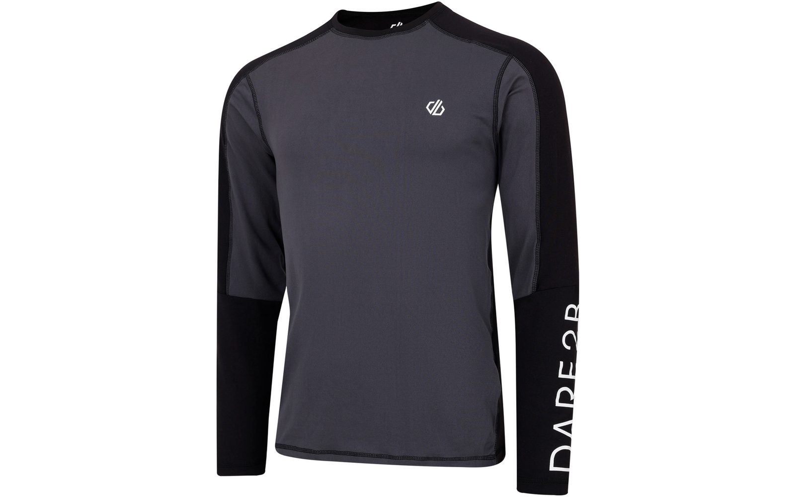 Langärmeliges dunkelgraues Shirt mit schwarzen Ärmeln, Rundhalsausschnitt, kleinem weißen Logo auf der Brust und weißem senkrechtem Schriftzug 'DARE 2B' am unteren Ärmel