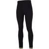 Schwarze, eng anliegende lange Leggings mit elastischem Bund und olivgrünen Bündchen an den Knöcheln auf weißem Hintergrund