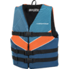 Blaue und orangefarbene Schwimmweste mit drei schwarzen Gurten und Plastik-Schnallen, schwarzer Tragegriff oben, Schriftzug "HYDRO-FORCE" sichtbar