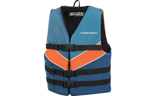 Blaue und orangefarbene Schwimmweste mit drei schwarzen Gurten und Plastik-Schnallen, schwarzer Tragegriff oben, Schriftzug "HYDRO-FORCE" sichtbar