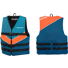Zwei Schwimmwesten nebeneinander, Vorderansicht links, Rückansicht rechts, blau und orange, drei schwarze Gurte mit Schnallen