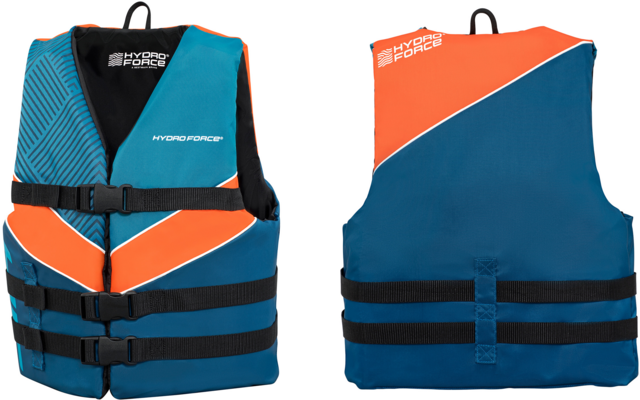Zwei Schwimmwesten nebeneinander, Vorderansicht links, Rückansicht rechts, blau und orange, drei schwarze Gurte mit Schnallen