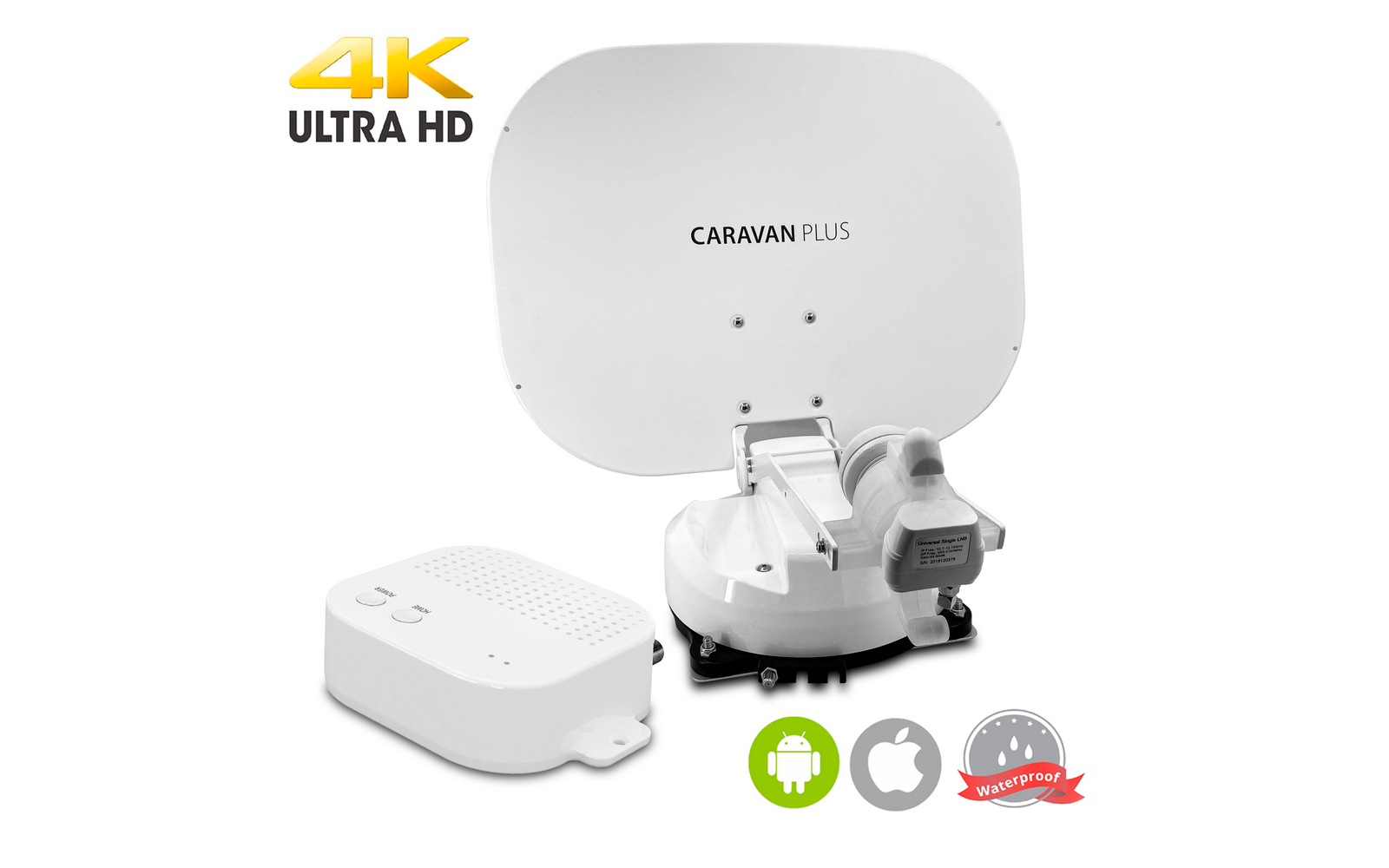 White surveillance camera with wall mount and a white control box with LED indicators, below are various symbols