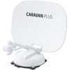 White satellite dish with mounting bracket and Caravan Plus logo