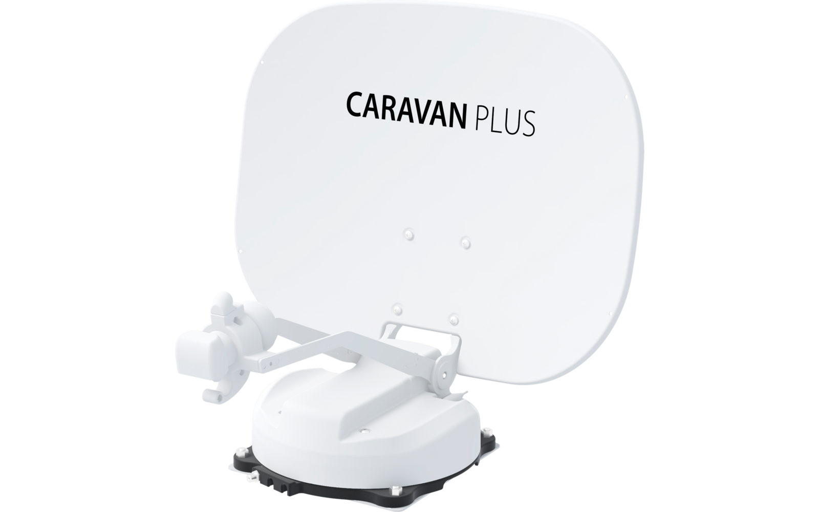 White satellite dish with mounting bracket and Caravan Plus logo