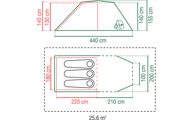 Technische Zeichnung eines rechteckigen Zelts mit Maßen und Personen-Skizze
