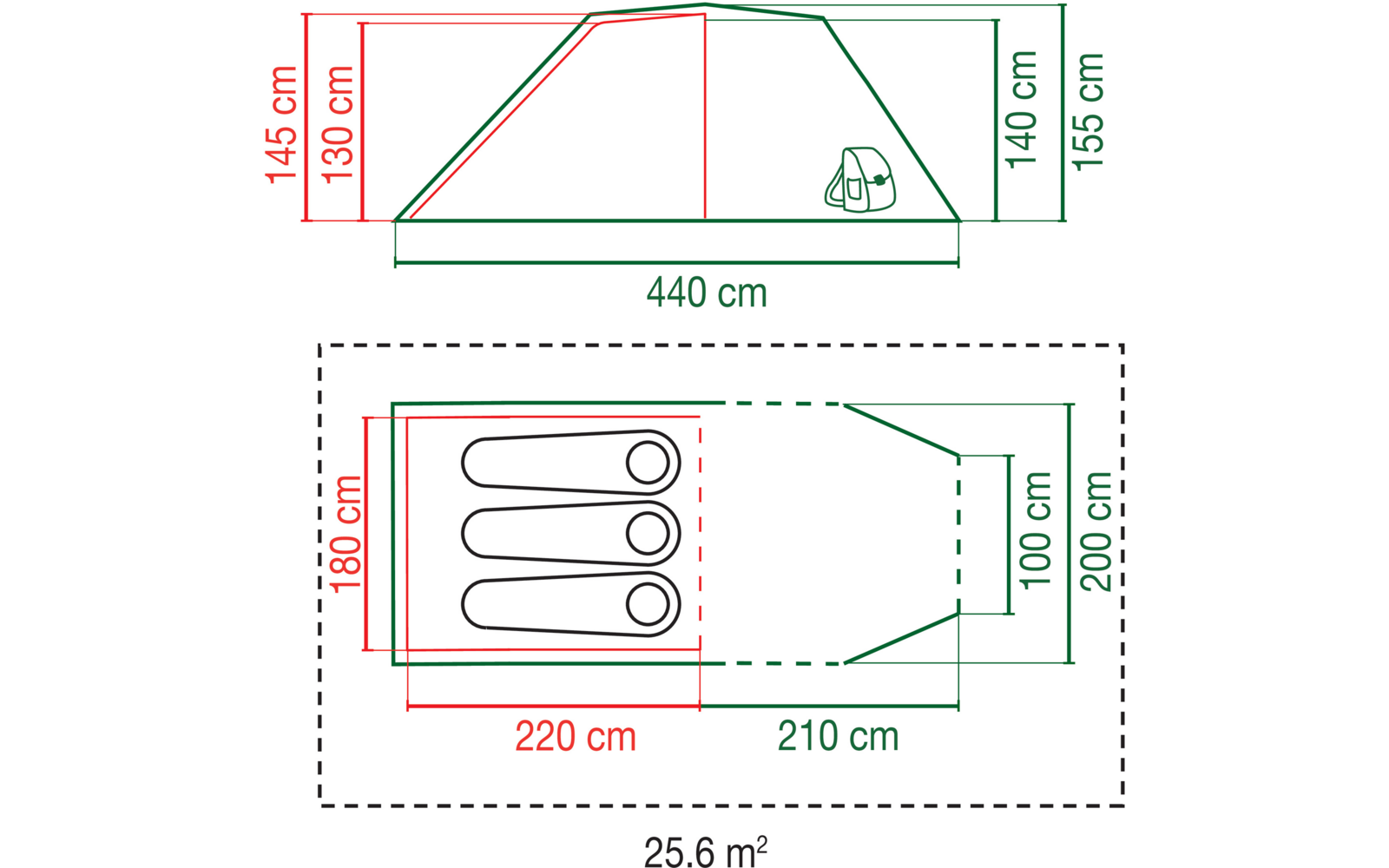 Technische Zeichnung eines rechteckigen Zelts mit Maßen und Personen-Skizze