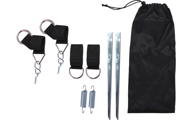 Zwei gepolsterte schwarze Schlaufen mit Metallkarabinern, zwei schwarze D-Ring-Laschen, zwei Metallankerstangen, zwei kleine Metallfedern und ein schwarzer Stoffbeutel