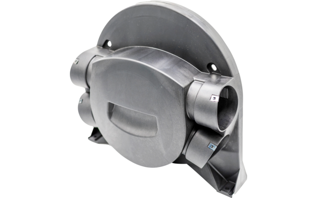 Anthrazitfarbenes Kunststoffgehäuse mit rundem Deckel, drei zylindrischen seitlichen Öffnungen und gebogener Rückplatte mit Befestigungslöchern