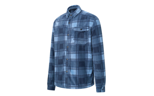 Blauw geruit overhemd met lange mouwen, knoopsluiting, kraag en borstzak op witte achtergrond